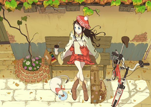 Anime picture 1000x708 with original goke shike (altamira05) single long hair blue eyes brown hair sitting looking away wind drawing girl dress flower (flowers) plant (plants) animal tree (trees) leaf (leaves) cat bag grass