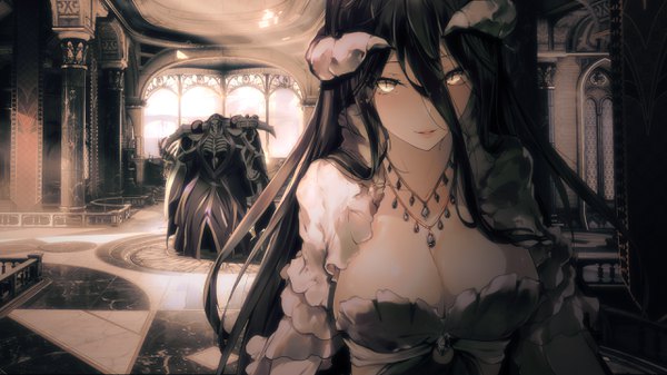 Anime picture 2560x1440 with overlord (maruyama) madhouse albedo (overlord) ainz ooal gown hplay (kyoshinou) adiim long hair looking at viewer highres breasts light erotic black hair hair between eyes wide image large breasts yellow eyes cleavage horn (horns) light smile wallpaper