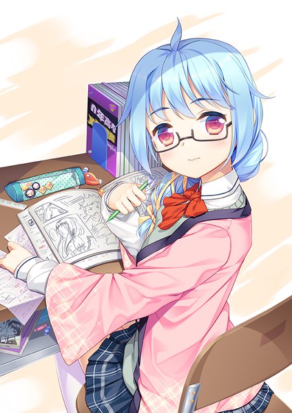 Anime picture 626x886 with original 33paradox single long hair tall image looking at viewer red eyes sitting blue hair braid (braids) girl skirt uniform school uniform miniskirt glasses