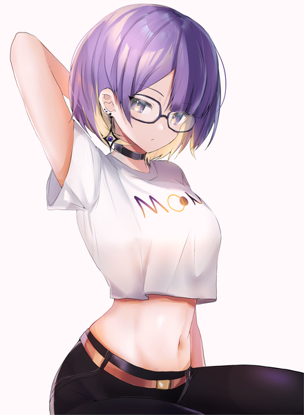 Anime picture 2934x4000 with virtual youtuber hololive hololive indonesia moona hoshinova maruccy single tall image looking at viewer highres short hair simple background white background sitting purple eyes purple hair multicolored hair midriff piercing official alternate costume ear piercing