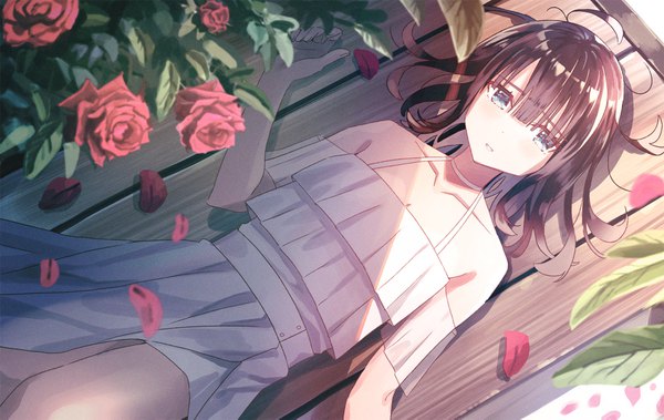 Anime picture 1800x1139 with original koh rd single looking at viewer blush fringe highres short hair blue eyes hair between eyes brown hair bare shoulders lying blunt bangs parted lips from above blurry on back dutch angle frilled dress