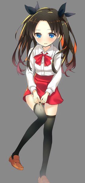 Anime picture 560x1200 with fate (series) fate/stay night type-moon toosaka rin moriki single long hair tall image blush blue eyes black hair simple background standing twintails bent knee (knees) pleated skirt grey background adjusting clothes adjusting legwear girl