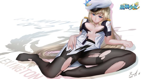 Anime picture 1919x1080 with warship girls r rail (silverbow) single long hair blush highres breasts blue eyes light erotic blonde hair wide image legs torn clothes torn pantyhose girl skirt pantyhose beret skirt set