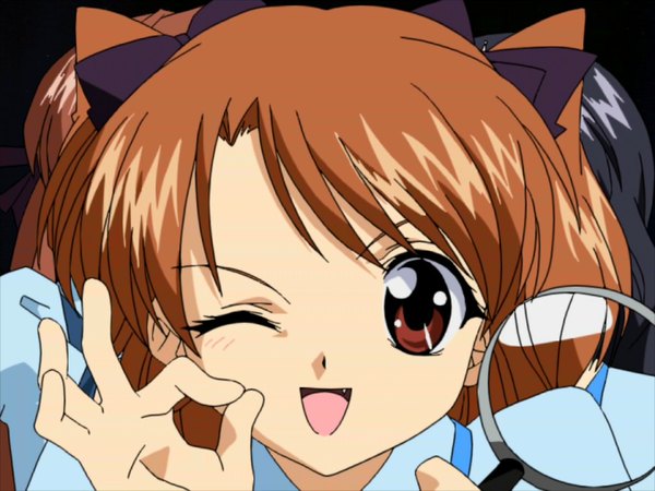 Anime picture 1024x768 with sister princess zexcs yotsuba (sister princess) short hair open mouth brown hair brown eyes animal ears one eye closed wink cat ears close-up face bow hair bow