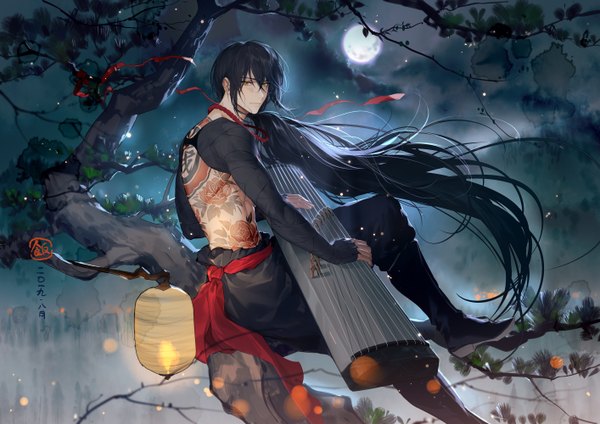 Anime picture 2827x1999 with fate (series) fate/grand order yan qing (fate) rrr (reason) single looking at viewer fringe highres black hair hair between eyes sitting yellow eyes very long hair wind tattoo dated tree sitting boy moon full moon