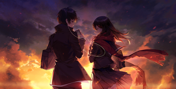 Anime picture 2456x1240 with kagerou project shaft (studio) tateyama ayano kisaragi shintarou ayan long hair fringe highres short hair smile brown hair wide image standing holding brown eyes looking away sky cloud (clouds) ahoge outdoors