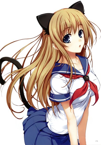 Anime picture 4950x7060 with original tomose shunsaku single long hair tall image looking at viewer highres blue eyes blonde hair white background animal ears absurdres tail animal tail cat ears scan cat girl cat tail girl skirt