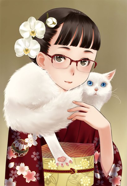 Anime picture 609x892 with original luna2 single tall image looking at viewer black hair traditional clothes japanese clothes black eyes girl hair ornament animal glasses kimono obi cat