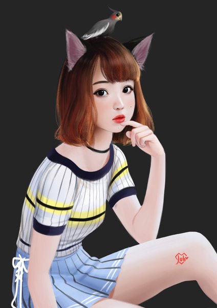 Anime picture 2480x3508 with real life metta coraima jubi (regiana) single tall image looking at viewer highres short hair simple background brown hair sitting animal ears pleated skirt black eyes cat ears mole short sleeves lipstick dark background red lipstick