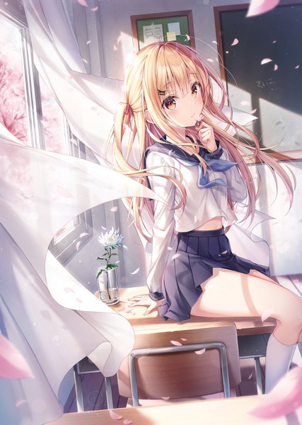 Anime picture 2000x2810 with original dangmyo single long hair tall image looking at viewer blush fringe highres blonde hair hair between eyes sitting holding yellow eyes indoors long sleeves pleated skirt arm up wind sunlight