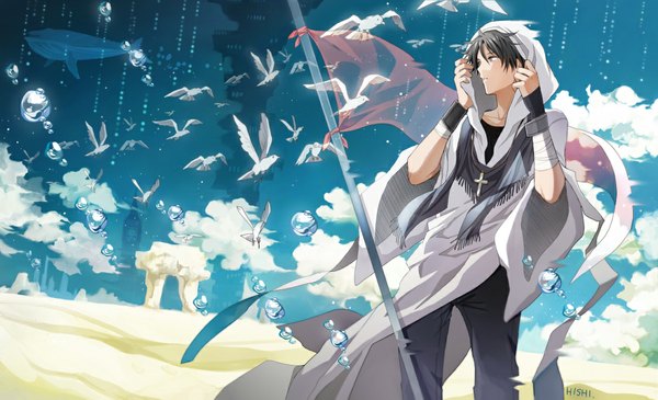 Anime picture 1125x685 with original hishi single short hair open mouth blue eyes black hair wide image looking away sky cloud (clouds) sunlight underwater sand flock boy animal bird (birds) building (buildings) cape