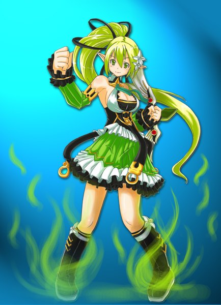 Anime picture 2480x3425 with elsword rena erindel wind sneaker (elsword) cuizilan single long hair tall image highres green eyes ponytail green hair blue background girl dress ribbon (ribbons) hair ribbon thigh boots