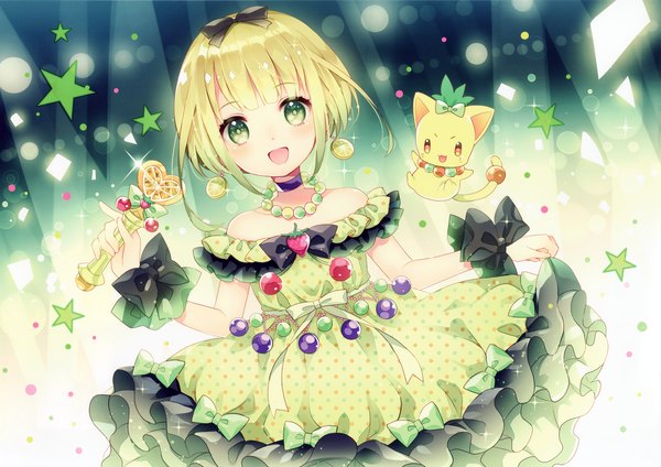 Anime picture 4642x3283 with original mahou shoujo grimoire (artbook) wasabi (sekai) looking at viewer blush fringe highres short hair open mouth blonde hair smile standing bare shoulders holding green eyes absurdres tail animal tail sunlight scan