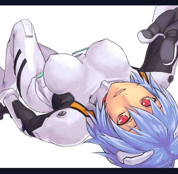 Anime picture 1018x1000 with neon genesis evangelion gainax ayanami rei yuuji (and) single short hair breasts light erotic simple background red eyes white background blue hair lying girl pilot suit