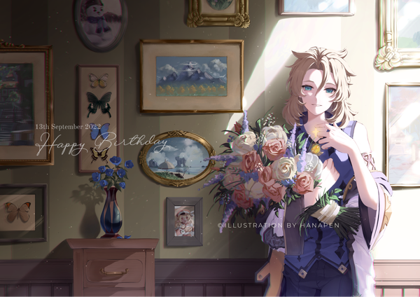 Anime picture 1684x1191 with genshin impact klee (genshin impact) albedo (genshin impact) hanapen single looking at viewer short hair blue eyes blonde hair smile standing signed upper body indoors dated happy birthday 2022 boy flower (flowers) insect
