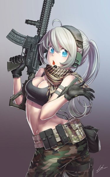 Anime picture 650x1046 with original single long hair tall image looking at viewer breasts open mouth blue eyes light erotic simple background cleavage ahoge ponytail looking back grey hair grey background military trigger discipline camouflage girl