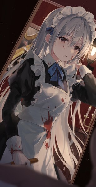 Anime picture 1511x2930 with original ekina (1217) long hair tall image looking at viewer blush fringe standing holding brown eyes silver hair indoors long sleeves parted lips arm up maid dutch angle puffy sleeves solo focus pov