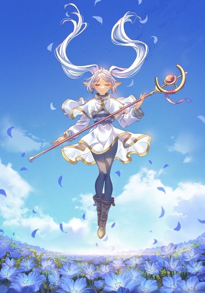 Anime-Bild 3500x5000 mit sousou no frieren frieren innoarukugyou single long hair tall image highres smile twintails absurdres sky silver hair cloud (clouds) full body eyes closed pointy ears floating hair elf midair girl