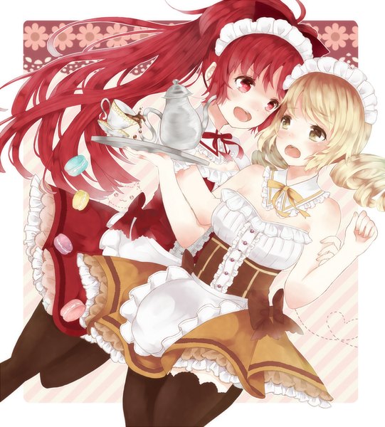 Anime picture 1300x1441 with mahou shoujo madoka magica shaft (studio) sakura kyouko tomoe mami mora (artist) long hair tall image blush open mouth blonde hair red eyes bare shoulders multiple girls brown eyes ponytail red hair maid drill hair girl thighhighs