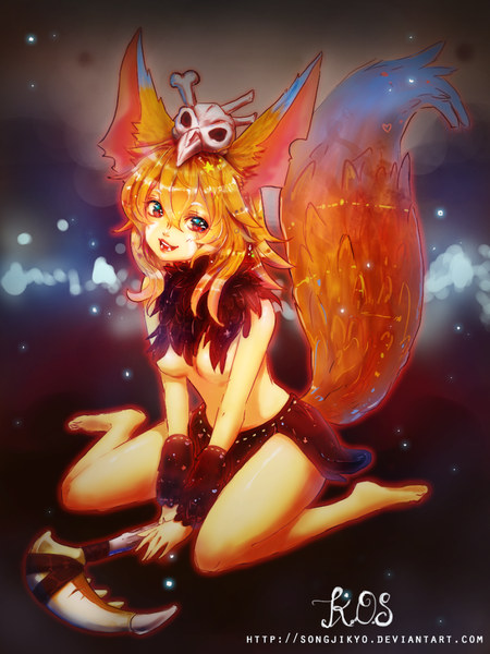 Anime picture 864x1152 with league of legends gnar (league of legends) songjikyo single long hair tall image looking at viewer light erotic blonde hair smile red eyes animal ears tail animal tail lips teeth fang (fangs) genderswap girl