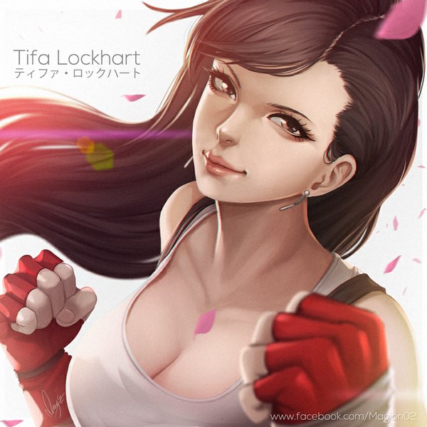 Anime picture 850x850 with final fantasy final fantasy vii square enix tifa lockhart magion02 single long hair looking at viewer breasts black hair smile brown eyes signed lips realistic inscription character names close-up fighting stance girl