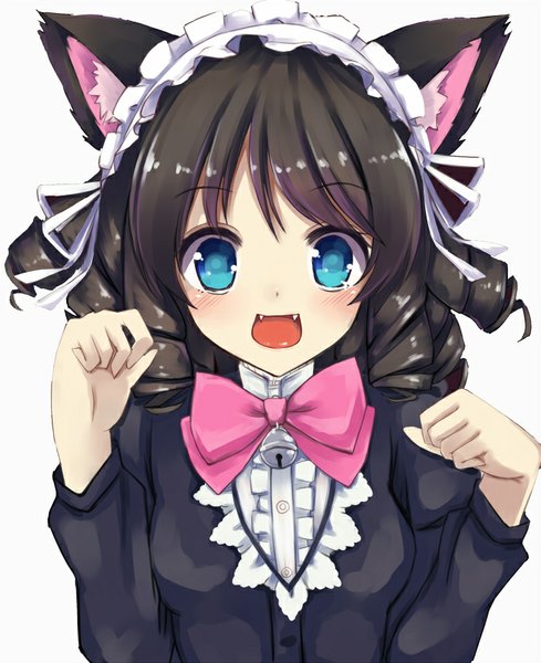 Anime picture 700x859 with show by rock!! studio bones cyan (show by rock!!) nikitan single tall image looking at viewer blush fringe short hair open mouth blue eyes black hair simple background white background animal ears cat ears fang (fangs) drill hair bell collar