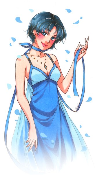 Anime picture 774x1415 with bishoujo senshi sailor moon toei animation mizuno ami princess mercury eflunn (emilylunn) single tall image looking at viewer blush short hair blue eyes black hair simple background smile white background bare shoulders holding cleavage head tilt lipstick