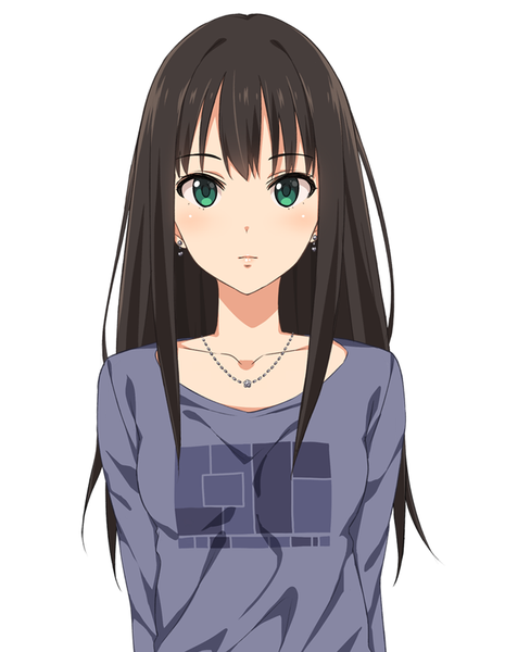 Anime picture 653x842 with idolmaster idolmaster cinderella girls shibuya rin yuuhi (ages) single long hair tall image looking at viewer black hair simple background white background green eyes girl earrings pendant