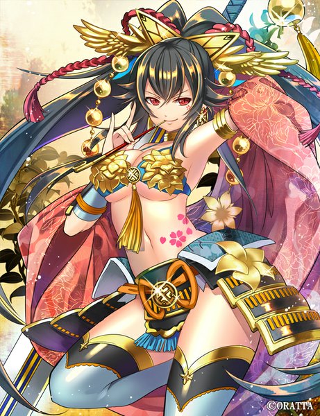Anime picture 640x832 with original nukuhito single long hair tall image breasts light erotic black hair red eyes holding inscription mouth hold girl thighhighs navel hair ornament flower (flowers) weapon earrings sword