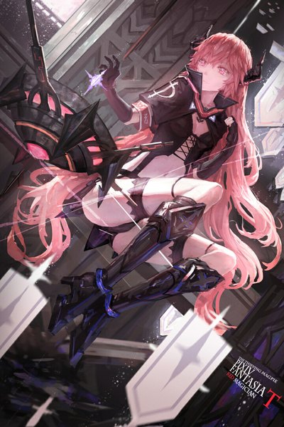 Anime picture 720x1080 with original pixiv fantasia pixiv fantasia t zxq single long hair tall image looking at viewer fringe light erotic looking away pink hair bent knee (knees) indoors pink eyes horn (horns) sparkle high heels girl gloves