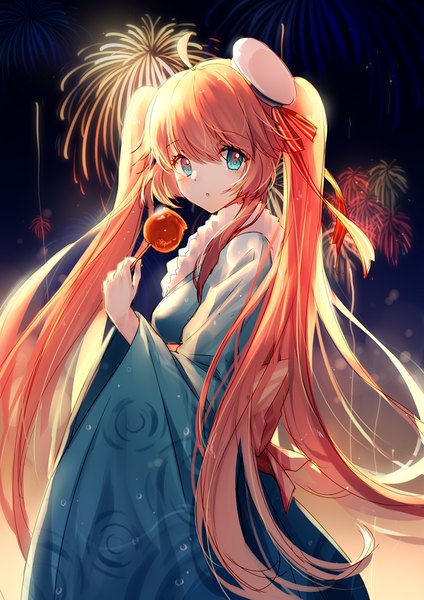 Anime picture 800x1132 with warship girls r taihou (warship girls r) bison cangshu single long hair tall image looking at viewer blush fringe hair between eyes standing twintails holding ahoge outdoors traditional clothes japanese clothes aqua eyes orange hair night