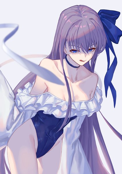 Anime picture 842x1191 with fate (series) fate/grand order meltryllis (fate) meltryllis (swimsuit lancer) (fate) whitem (whiteemperor2020) single tall image looking at viewer fringe breasts blue eyes light erotic simple background hair between eyes standing bare shoulders payot cleavage purple hair very long hair