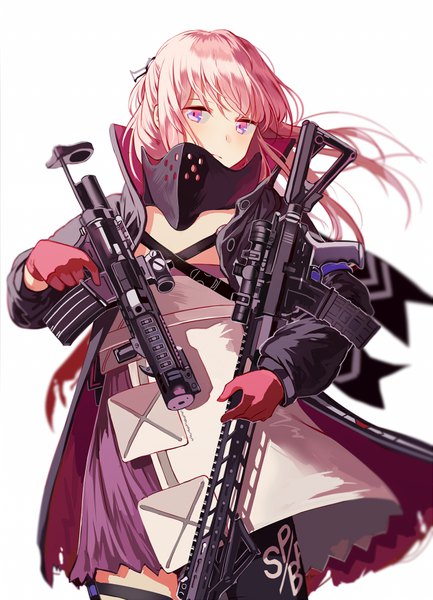 Anime picture 600x831 with girls frontline st ar-15 (girls frontline) silence girl single long hair tall image looking at viewer blush fringe simple background hair between eyes standing white background purple eyes holding pink hair wind open jacket trigger discipline remodel (girls frontline)
