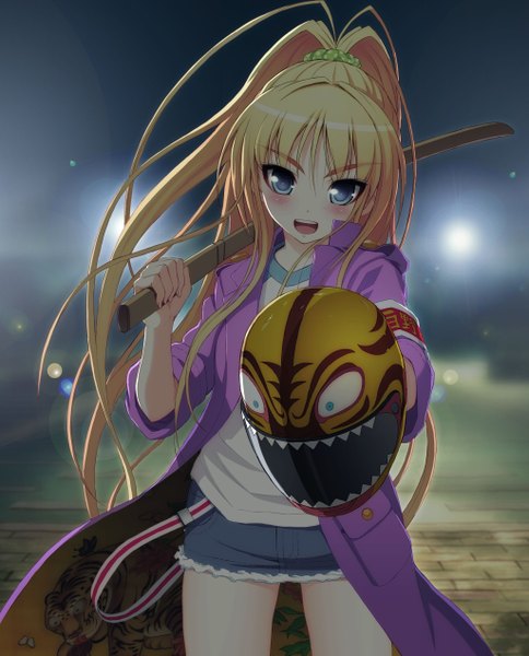Anime picture 2048x2538 with axanael (game) long hair tall image blush highres open mouth blue eyes blonde hair game cg ponytail girl weapon miniskirt mask