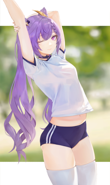 Anime picture 2000x3341 with genshin impact keqing (genshin impact) leviathan (hikinito0902) single long hair tall image looking at viewer fringe highres standing purple eyes twintails payot purple hair braid (braids) one eye closed light smile blurry arms up short sleeves