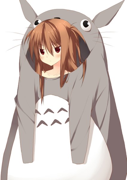 Anime picture 1000x1412 with tonari no totoro original studio ghibli totoro tororo inniina kuwashima rein single long hair tall image blush simple background red eyes brown hair white background girl hood pajamas