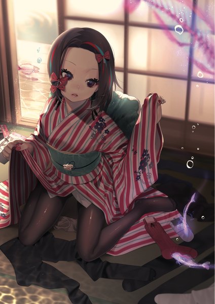 Anime picture 1357x1920 with original ohisashiburi single tall image short hair black hair red eyes looking away full body indoors nail polish traditional clothes parted lips japanese clothes multicolored hair fingernails from above wide sleeves no shoes streaked hair