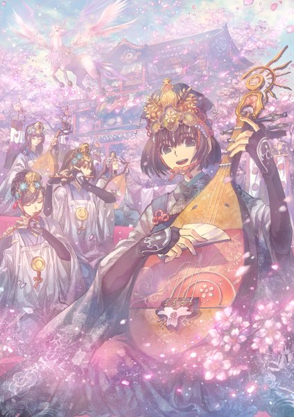 Anime picture 1753x2480 with pixiv girls collection 2010 aioka long hair tall image highres short hair blue eyes black hair brown hair sitting multiple girls brown eyes sky purple hair eyes closed traditional clothes horn (horns) aqua eyes wind group