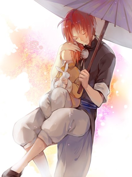 Anime picture 1000x1337 with gintama sunrise (studio) kagura (gintama) kamui (gintama) 13knight tall image short hair simple background sitting ahoge red hair eyes closed hieroglyph chinese clothes sitting on person covering eye (eyes) family boy animal umbrella