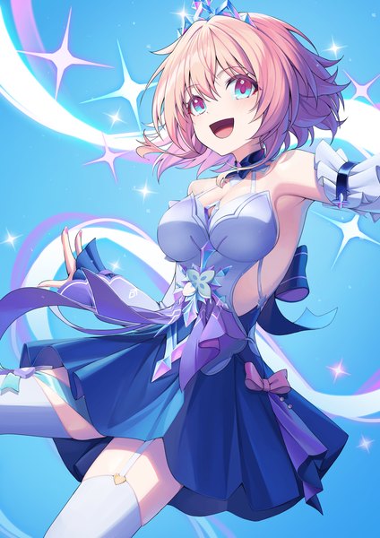 Anime picture 2480x3508 with honkai: star rail honkai (series) march 7th (honkai: star rail) sora (men0105) single tall image looking at viewer fringe highres short hair breasts open mouth blue eyes simple background smile hair between eyes large breasts bare shoulders pink hair nail polish