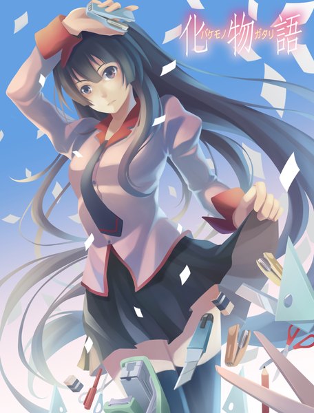 Anime picture 1000x1314 with bakemonogatari shaft (studio) monogatari (series) senjougahara hitagi kiyo (chaoschyan) single long hair tall image black hair purple eyes zettai ryouiki girl thighhighs skirt uniform black thighhighs school uniform necktie scissors