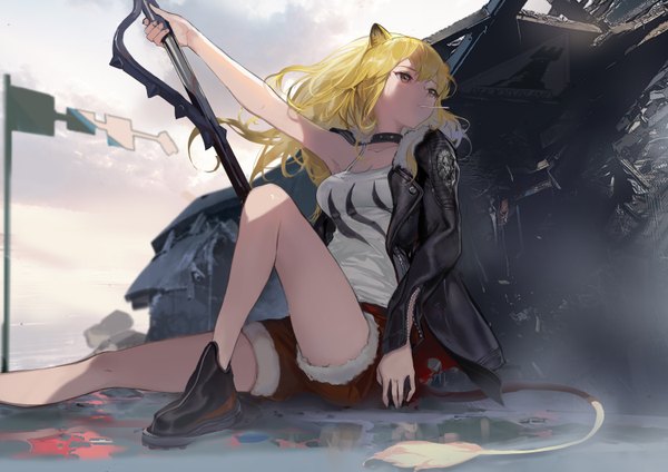 Anime picture 1500x1060 with arknights siege (arknights) rabbit (tukenitian) single long hair fringe breasts blonde hair hair between eyes sitting holding brown eyes animal ears looking away cloud (clouds) outdoors tail animal tail wind open jacket