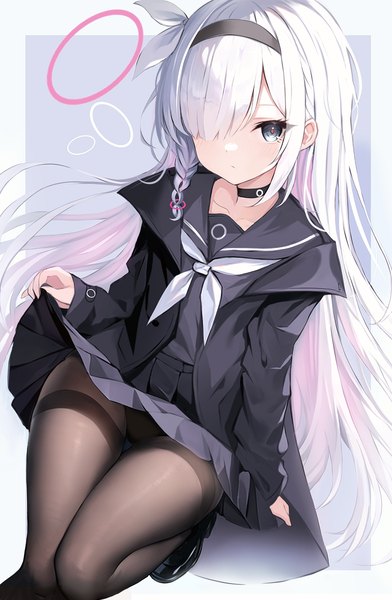 Anime picture 1003x1534 with blue archive plana (blue archive) un uk single long hair tall image looking at viewer fringe light erotic white hair hair over one eye border outside border girl uniform ribbon (ribbons) hair ribbon pantyhose choker serafuku