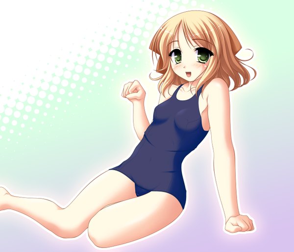 Anime picture 1400x1200 with kakesu single light erotic blonde hair white background green eyes girl swimsuit one-piece swimsuit school swimsuit