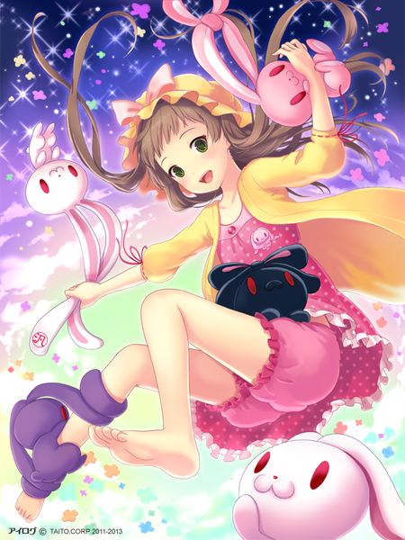 Anime picture 640x853 with ilog amakusa rin occhan long hair tall image looking at viewer blush open mouth brown hair green eyes bent knee (knees) barefoot bare legs no shoes spread arms shiny falling girl flower (flowers) ribbon (ribbons)
