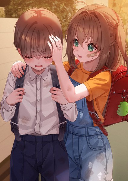 Anime-Bild 870x1230 mit original unjem long hair tall image blush fringe short hair hair between eyes brown hair standing green eyes payot ahoge outdoors eyes closed tears one side up evening crying hand on another's shoulder
