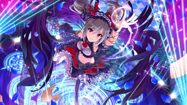 Anime picture 1920x1080 with idolmaster idolmaster cinderella girls kanzaki ranko single long hair looking at viewer blush fringe highres smile red eyes wide image standing twintails bare shoulders silver hair long sleeves from above official art bare belly