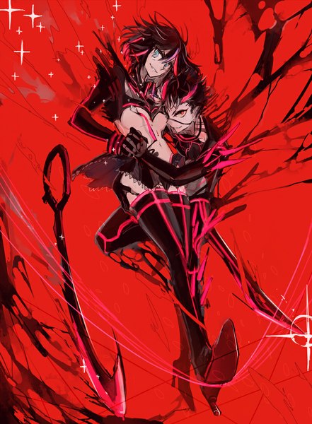 Anime picture 800x1089 with kill la kill studio trigger matoi ryuuko senketsu suzuen tall image looking at viewer short hair blue eyes light erotic black hair simple background smile red eyes pink hair red hair pleated skirt multicolored hair two-tone hair bare belly