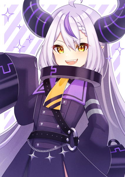 Anime picture 2508x3541 with virtual youtuber hololive la+ darknesss la+ darknesss (1st costume) tsumurimai single tall image fringe highres open mouth hair between eyes yellow eyes silver hair ahoge very long hair :d multicolored hair horn (horns) fang (fangs) streaked hair