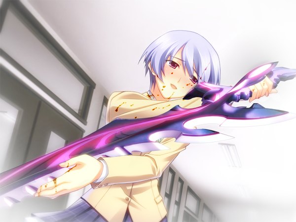 Anime picture 1280x960 with chaos;head kishimoto ayase short hair blue hair sword serafuku blood